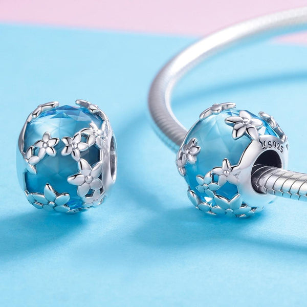 Daisies Blue Enamel Sterling Silver Spacer Bead Charm Bracelet Necklace