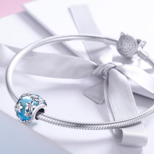 Daisies Blue Enamel Sterling Silver Spacer Bead Charm Bracelet Necklace
