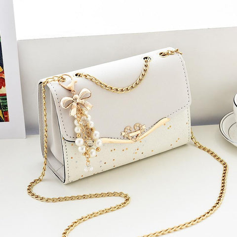 Faux PU Leather Shoulder Bag Handbag Gold Chain Hardware Off White