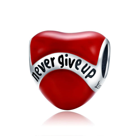 Never Give Up Heart Enamel Sterling Silver Bead Charm Bracelet Necklace