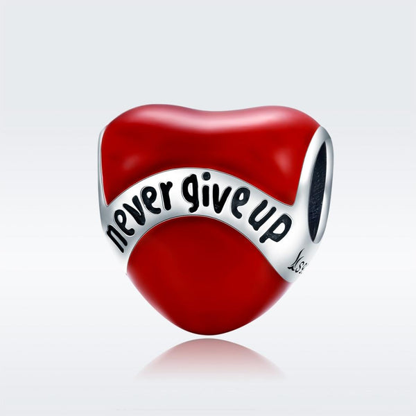 Never Give Up Heart Enamel Sterling Silver Bead Charm Bracelet Necklace