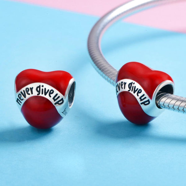 Never Give Up Heart Enamel Sterling Silver Bead Charm Bracelet Necklace