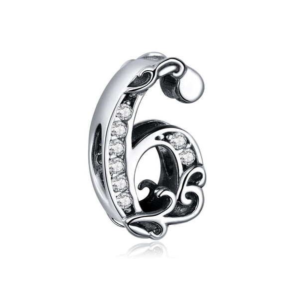 6 Number Numeral Sterling Silver Crystal Zircon CZ Bead Charm Bracelet Necklace