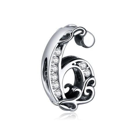 6 Number Numeral Sterling Silver Crystal Zircon CZ Bead Charm Bracelet Necklace