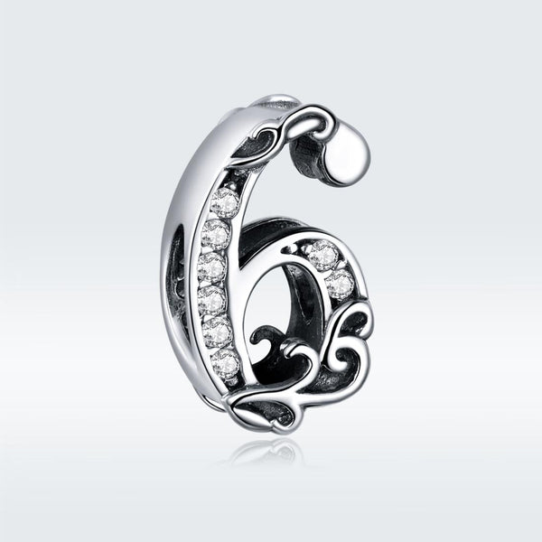 6 Number Numeral Sterling Silver Crystal Zircon CZ Bead Charm Bracelet Necklace