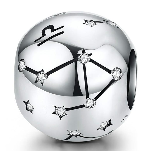 Libra Zodiac Constellation Sterling Silver Zircon CZ Bead Charm Bracelet Necklace