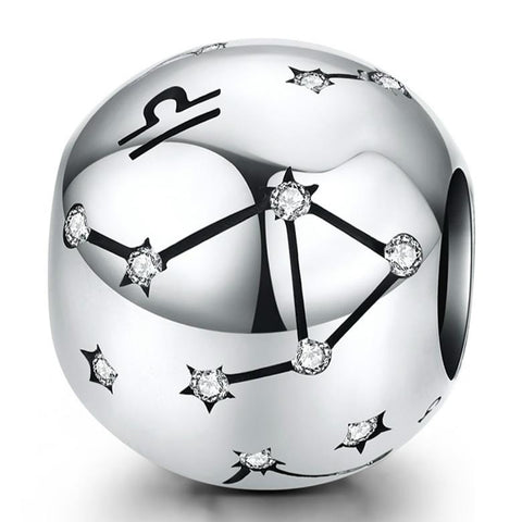 Libra Zodiac Constellation Sterling Silver Zircon CZ Bead Charm Bracelet Necklace