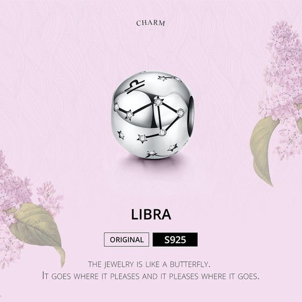 Libra Zodiac Constellation Sterling Silver Zircon CZ Bead Charm Bracelet Necklace
