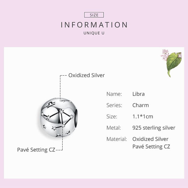 Libra Zodiac Constellation Sterling Silver Zircon CZ Bead Charm Bracelet Necklace