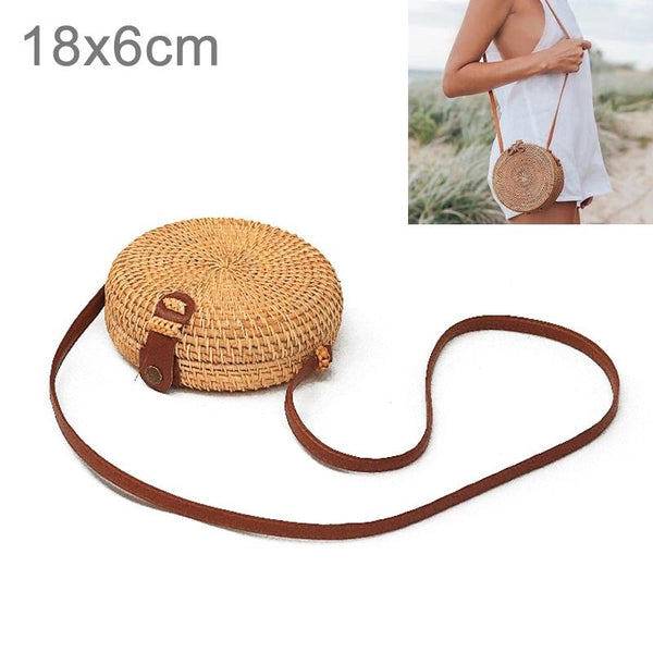 Handmade Round Rattan Crossbody Shoulder Bag Handbag Purse 18 x 18 x 6cm