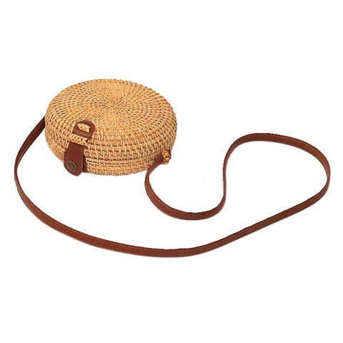 Handmade Round Rattan Crossbody Shoulder Bag Handbag Purse 18 x 18 x 6cm
