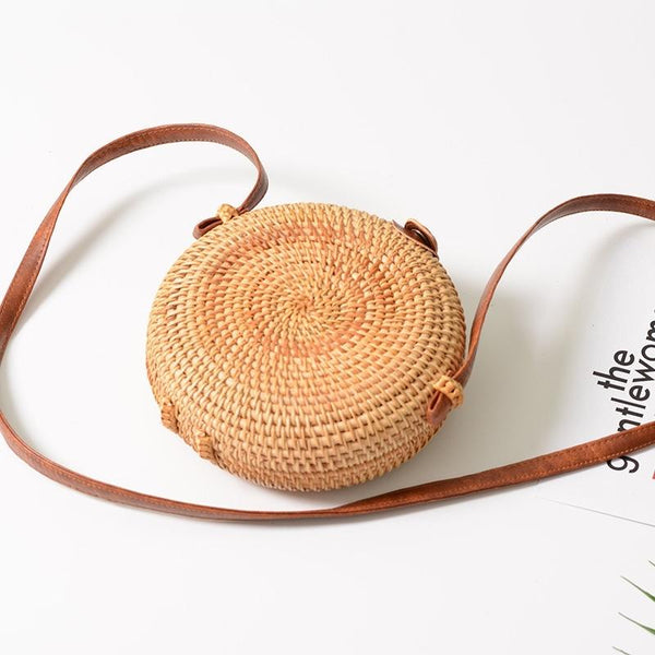 Handmade Round Rattan Crossbody Shoulder Bag Handbag Purse 18 x 18 x 6cm