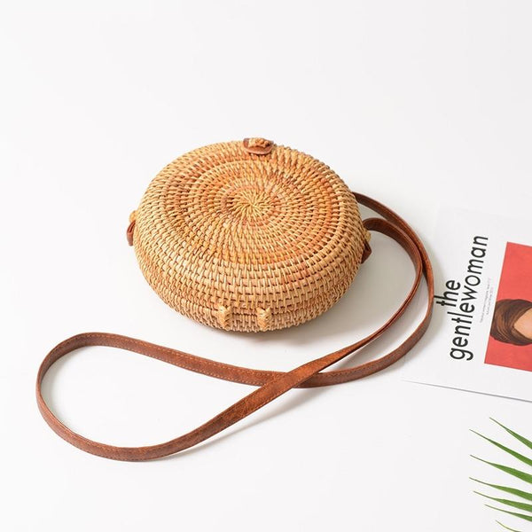 Handmade Round Rattan Crossbody Shoulder Bag Handbag Purse 18 x 18 x 6cm