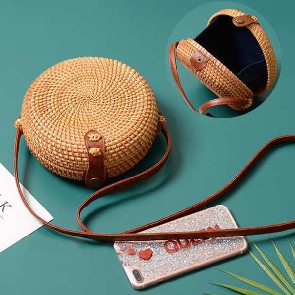 Handmade Round Rattan Crossbody Shoulder Bag Handbag Purse 18 x 18 x 6cm