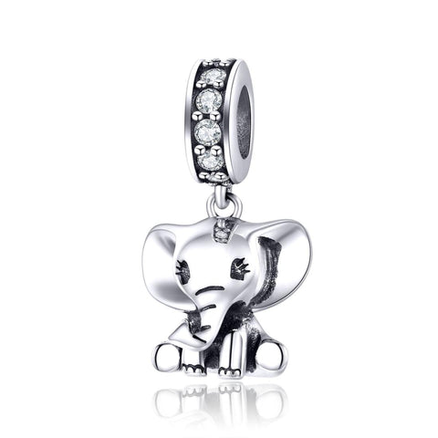 Elephant Sterling Silver Zircon CZ Bead Charm Bracelet Necklace Pendant