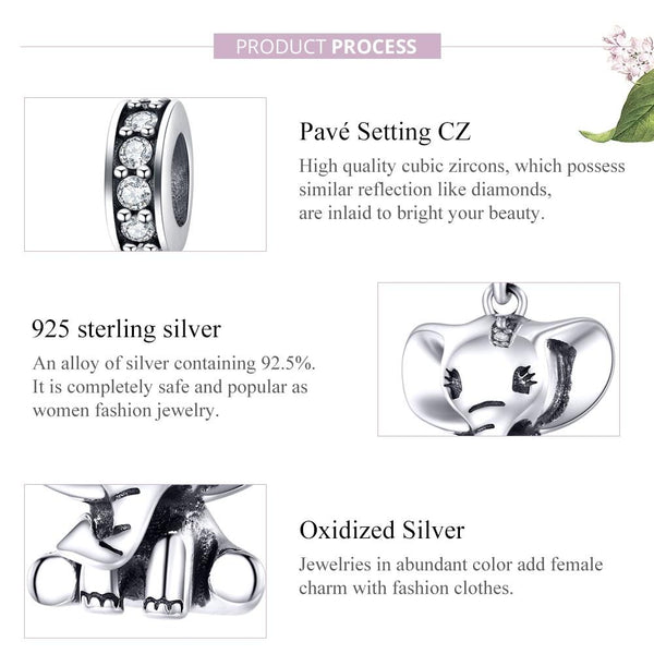Elephant Sterling Silver Zircon CZ Bead Charm Bracelet Necklace Pendant