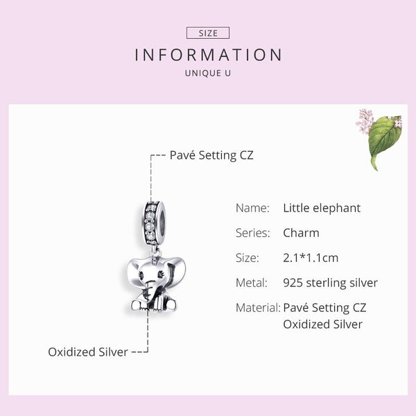 Elephant Sterling Silver Zircon CZ Bead Charm Bracelet Necklace Pendant