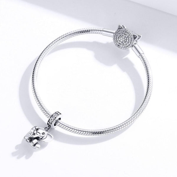 Elephant Sterling Silver Zircon CZ Bead Charm Bracelet Necklace Pendant