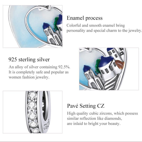 Greek Island Heart Love Enamel Sterling Silver Zircon CZ Bead Charm Bracelet Necklace