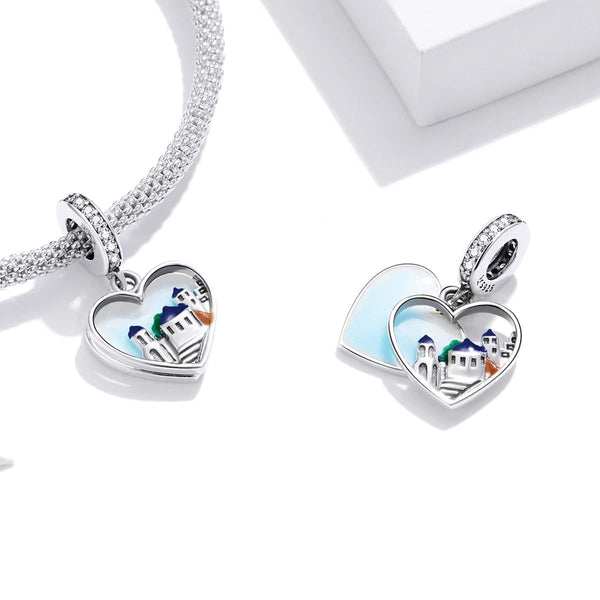 Greek Island Heart Love Enamel Sterling Silver Zircon CZ Bead Charm Bracelet Necklace