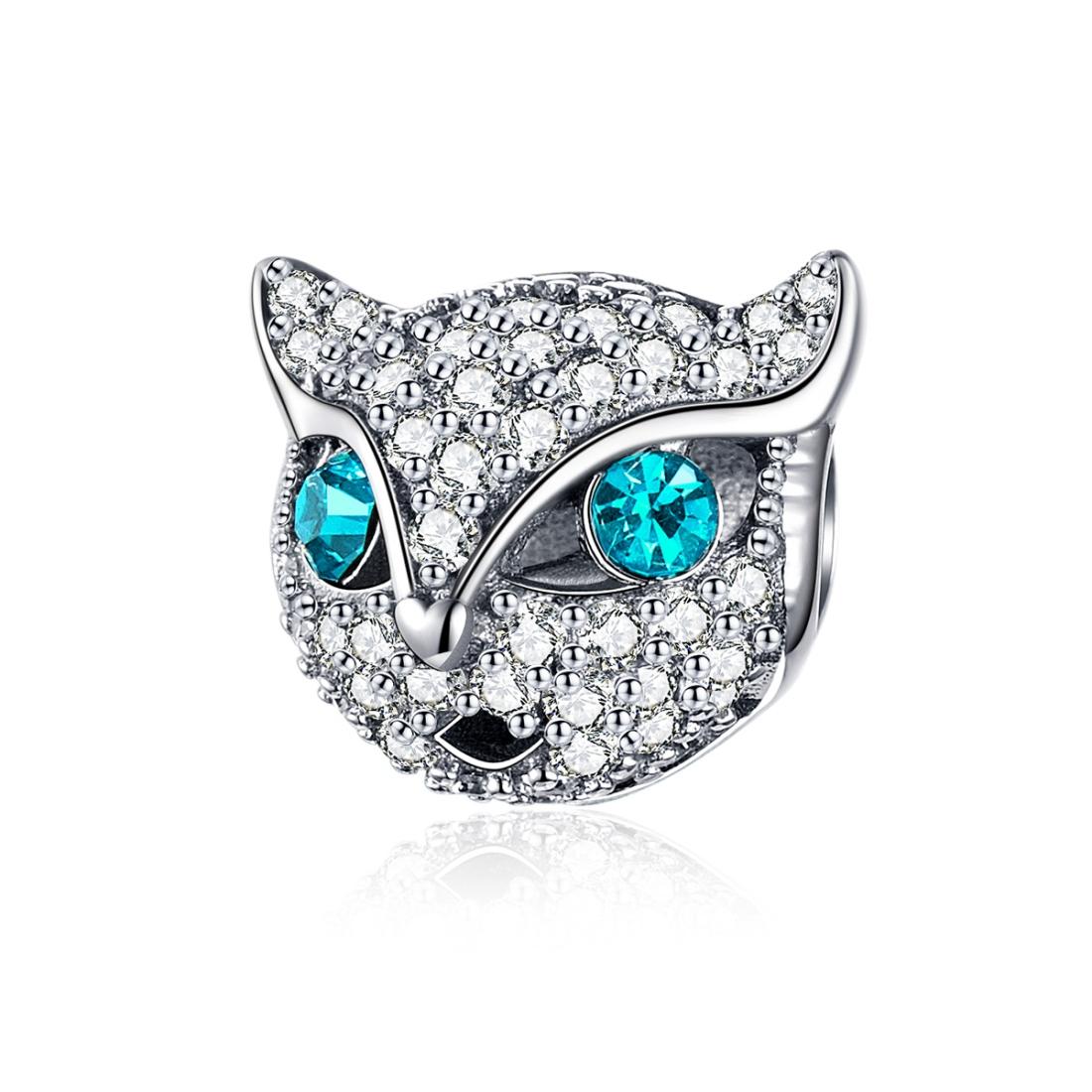 Cat Head Sterling Silver Zircon CZ Bead Charm Bracelet Necklace