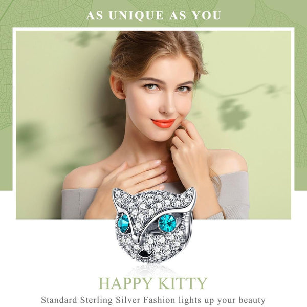Cat Head Sterling Silver Zircon CZ Bead Charm Bracelet Necklace