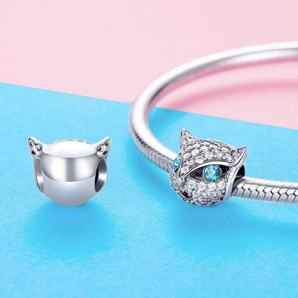 Cat Head Sterling Silver Zircon CZ Bead Charm Bracelet Necklace