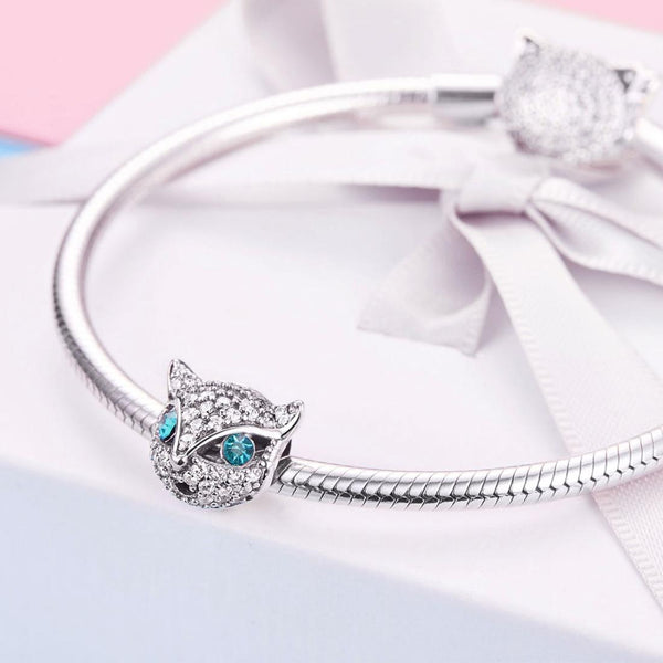 Cat Head Sterling Silver Zircon CZ Bead Charm Bracelet Necklace