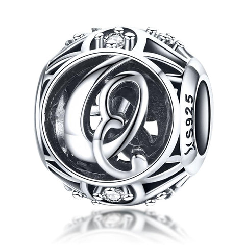 Q Initial Letter Sterling Silver Zircon CZ Bead Charm Bracelet Necklace