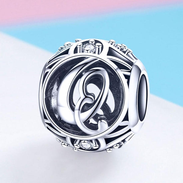 Q Initial Letter Sterling Silver Zircon CZ Bead Charm Bracelet Necklace