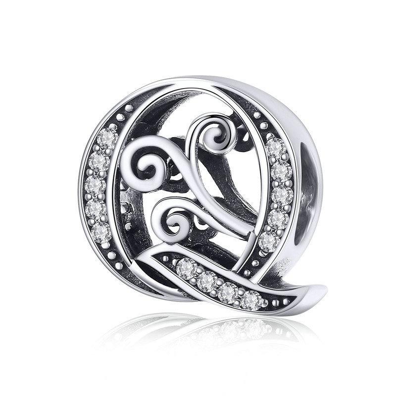 Initial Letter Gothic Victorian Sterling Silver Zircon CZ Bead Charm Bracelet Q