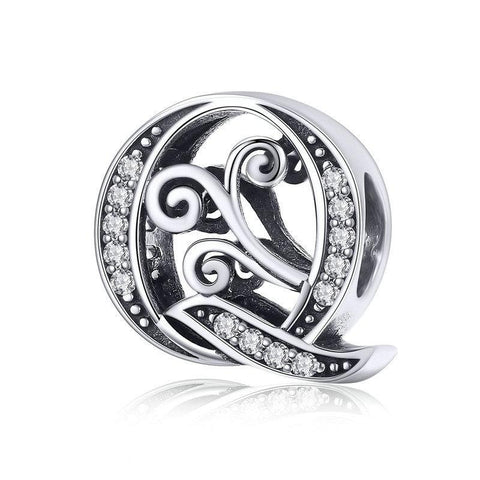 Initial Letter Gothic Victorian Sterling Silver Zircon CZ Bead Charm Bracelet Q