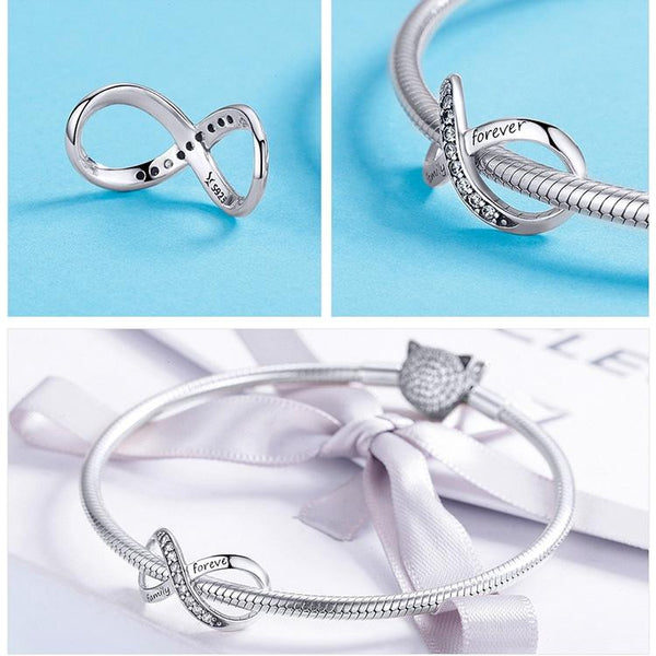 Forever Family Infinity Sterling Silver CZ Bead Charm Bracelet Necklace Pendant