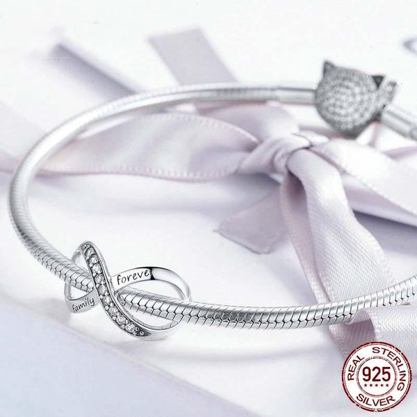 Forever Family Infinity Sterling Silver CZ Bead Charm Bracelet Necklace Pendant
