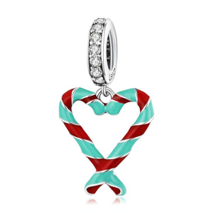 Candy Cane Heart Enamel Sterling Silver Zircon CZ Bead Charm Bracelet Necklace