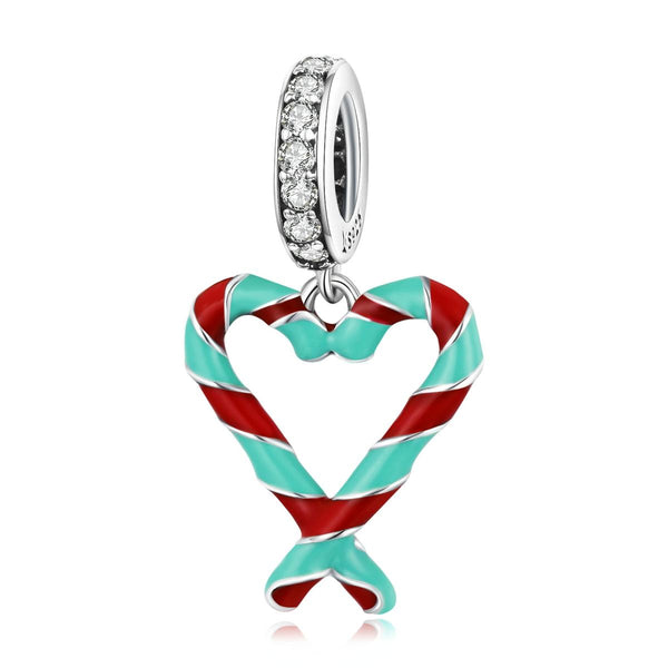 Candy Cane Heart Enamel Sterling Silver Zircon CZ Bead Charm Bracelet Necklace