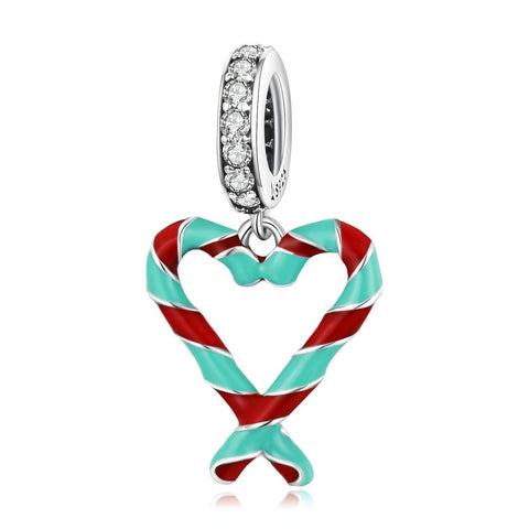 Candy Cane Heart Enamel Sterling Silver Zircon CZ Bead Charm Bracelet Necklace
