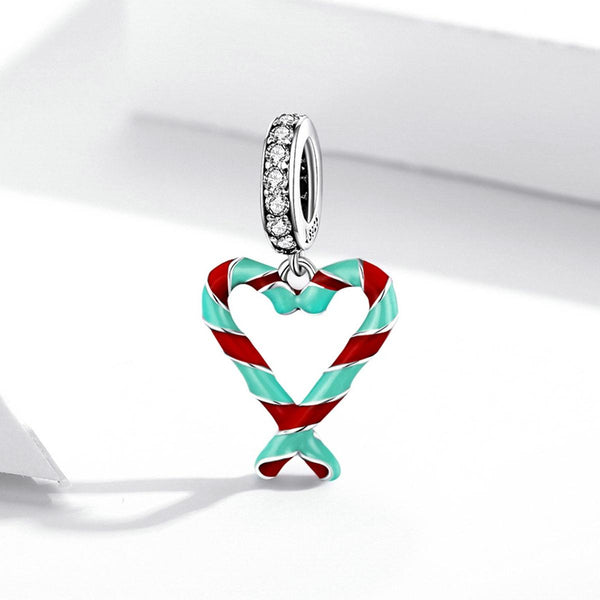 Candy Cane Heart Enamel Sterling Silver Zircon CZ Bead Charm Bracelet Necklace