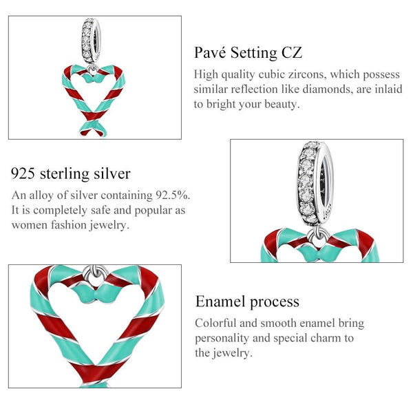Candy Cane Heart Enamel Sterling Silver Zircon CZ Bead Charm Bracelet Necklace