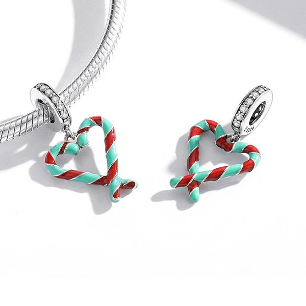 Candy Cane Heart Enamel Sterling Silver Zircon CZ Bead Charm Bracelet Necklace