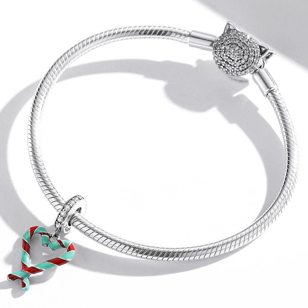 Candy Cane Heart Enamel Sterling Silver Zircon CZ Bead Charm Bracelet Necklace