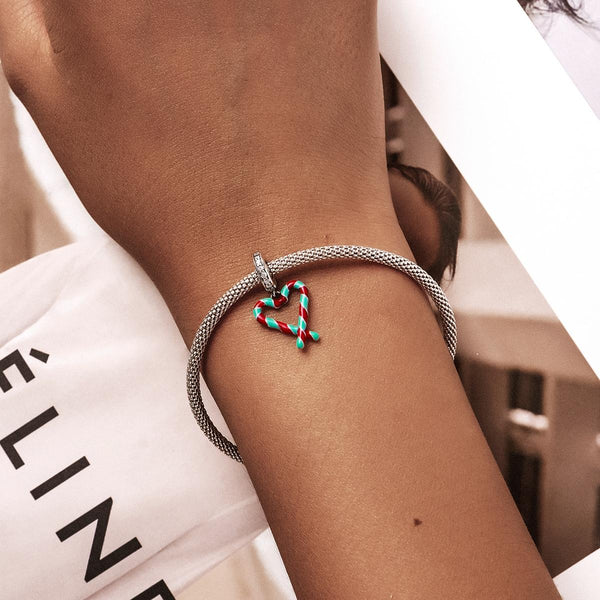 Candy Cane Heart Enamel Sterling Silver Zircon CZ Bead Charm Bracelet Necklace