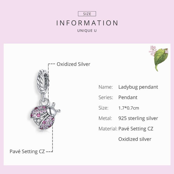 Ladybird Ladybug Sterling Silver CZ Bead Charm Bracelet Necklace Pendant