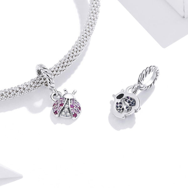 Ladybird Ladybug Sterling Silver CZ Bead Charm Bracelet Necklace Pendant