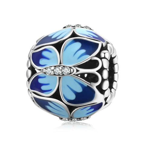 Blue Enamel Butterfly Butterflies Sterling Silver CZ Bead Charm Bracelet Necklace