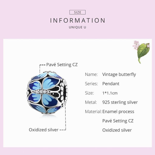Blue Enamel Butterfly Butterflies Sterling Silver CZ Bead Charm Bracelet Necklace