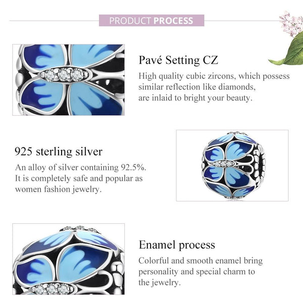 Blue Enamel Butterfly Butterflies Sterling Silver CZ Bead Charm Bracelet Necklace