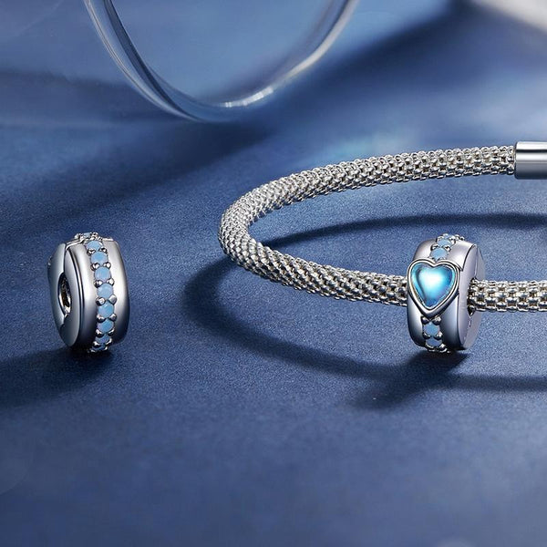 Hearts Platinum Plated Sterling Silver Opal Look Bead Charm Bracelet Necklace