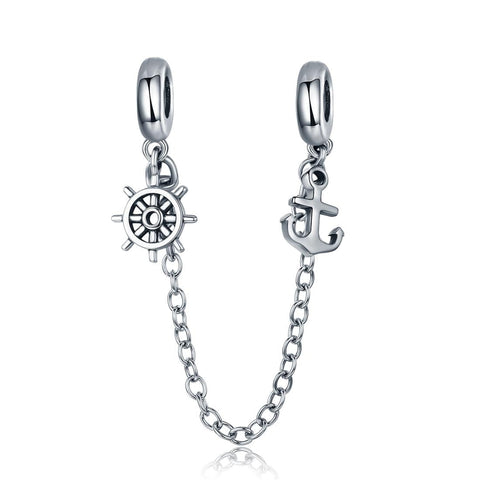 Ships Wheel Anchor Sterling Silver Safety Chain For Bracelets