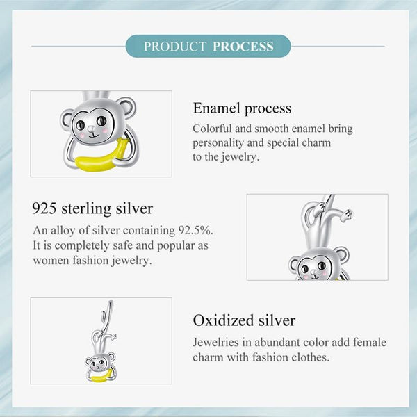 Monkey Banana Enamel Sterling Silver Bead Charm Bracelet Necklace Pendant
